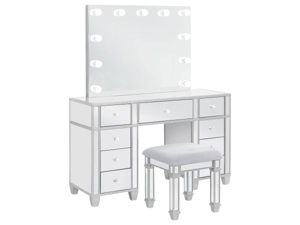 Allora Nine-drawer Mirrored Storage Vanity Set with Hollywood Lighting Metallic