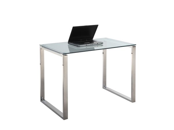 Chintaly Imports Contemporary Small Desk w/ Glass Top in Polished Stainless Steel