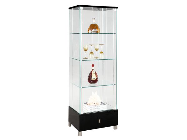 Chintaly Imports Contemporary Glass Curio w/ Shelves, Drawer & LED Lights in Gloss Black