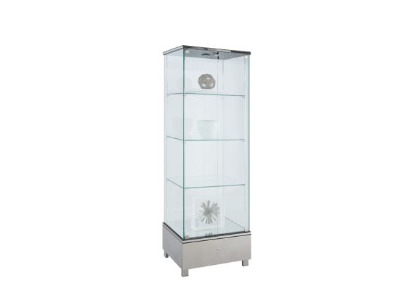 Chintaly Imports Contemporary Glass Curio w/ Shelves, Drawer & LED Lights in Stainless Steel
