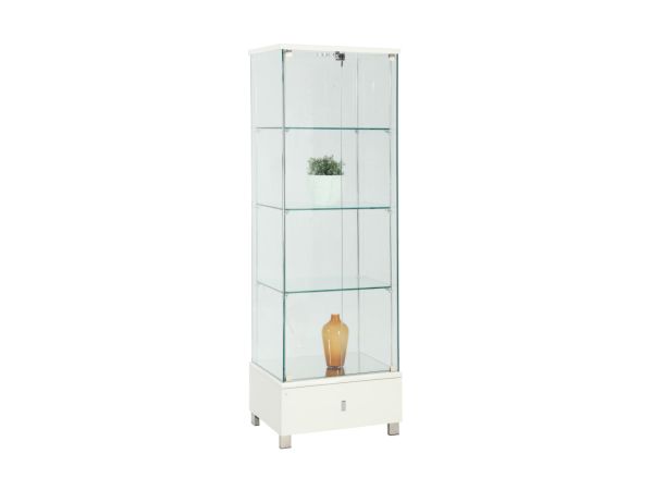 Chintaly Imports Contemporary Glass Curio w/ Shelves, Drawer & LED Lights in Gloss White