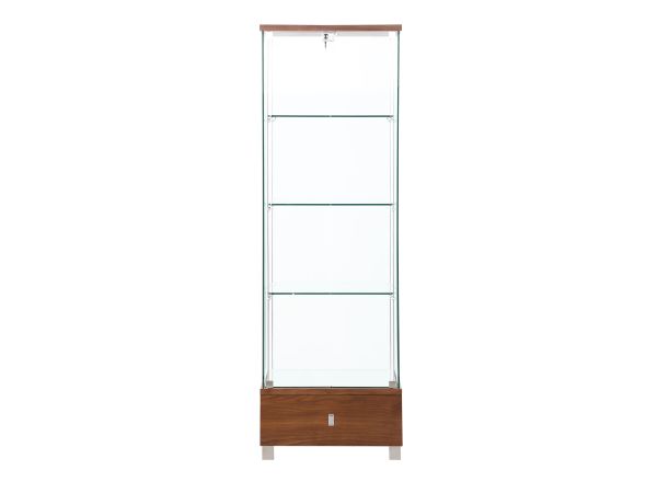 Chintaly Imports Contemporary Glass Curio w/ Shelves, Drawer & LED Lights in Walnut