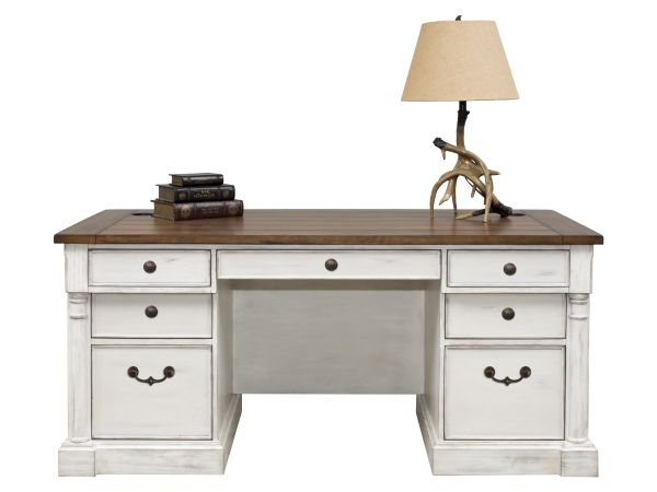 Durham Rustic Wood 60″ W Double Pedestal Executive Desk in Weathered White 