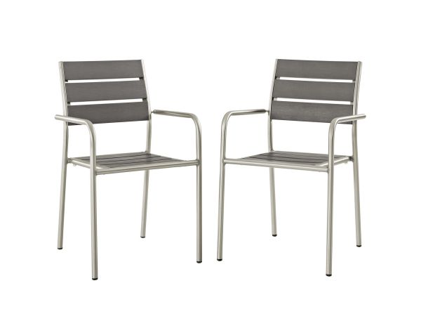 Modway Shore Outdoor Patio Aluminum Dining Rounded Armchair Set of 2 in Silver Gray
