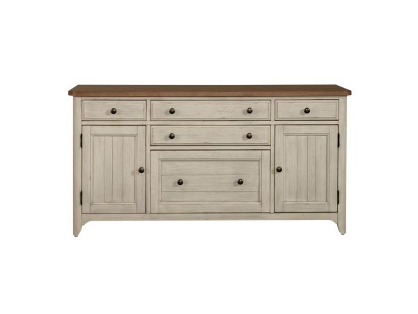 Liberty Furniture Farmhouse Reimagined Door Credenza in Antique White w/ Chestnut Tops