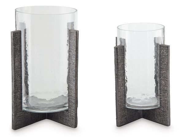 Ashley Furniture Garekton Candle Holder (Set of 2) in Clear/Pewter