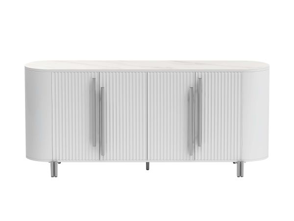 Chintaly Imports Kamila 4 Door Wooden Buffet w/ Steel Handles & Marbleized Sintered Stone Top in Matte White