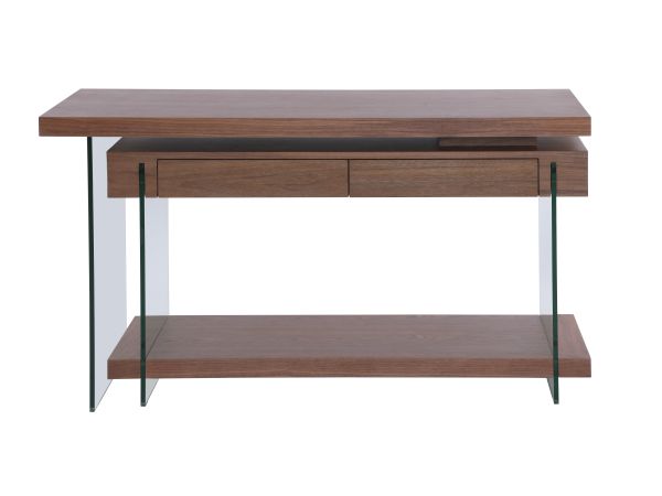 Chintaly Imports Modern Rotatable Glass & Wooden Desk w/ Drawers & Shelf in Walnut Veneer
