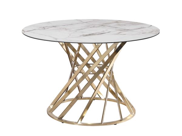 Chintaly Imports Tracy Round Sintered Stone Top Table w/ Golden Art Deco Base in Matte Beige